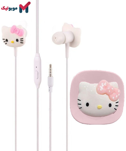 نمای نزدیک هندزفری سیمی کیتی با جزئیات عروسکی و کیس محافظ آن