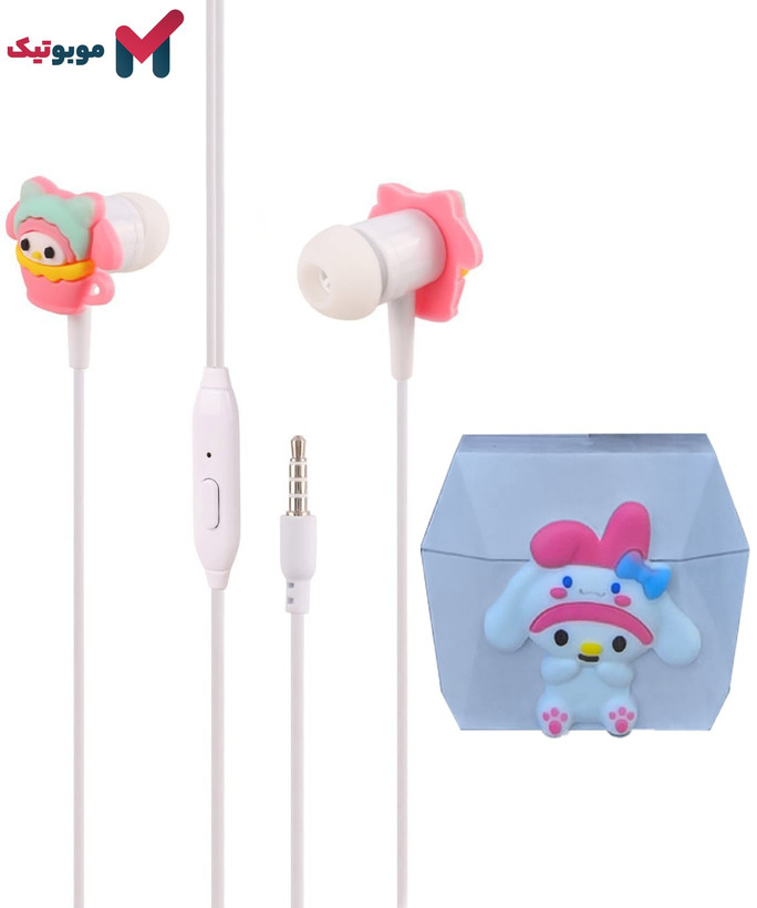 نمای نزدیک هندزفری سیمی مای ملودی با جزئیات عروسکی و کیس محافظ آن