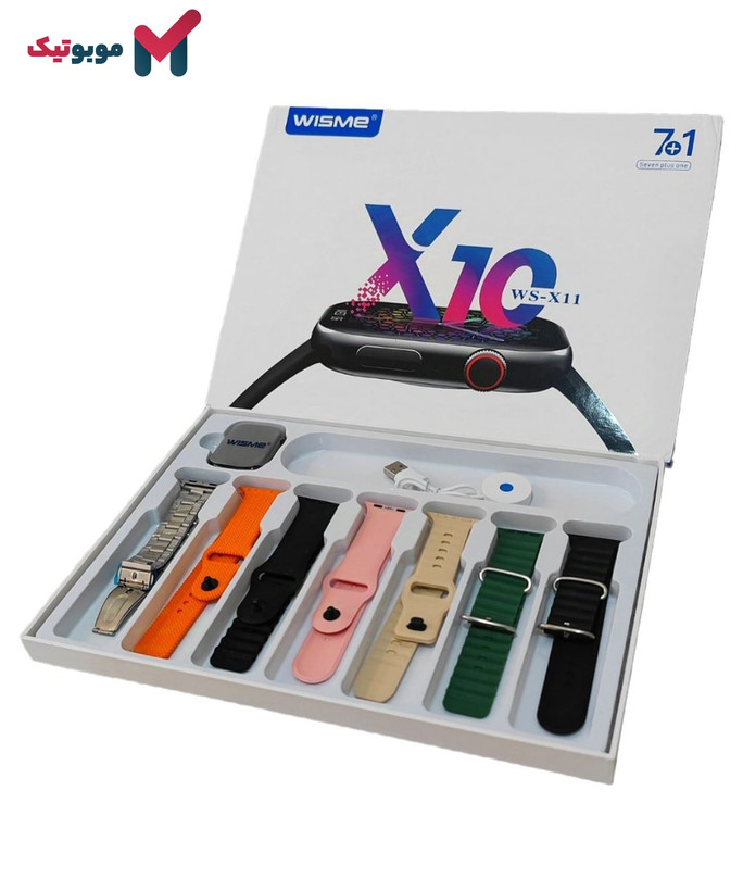 محتویات داخل جعبه ساعت هوشمند Wisme-WS-X11 شامل ساعت، بندها و شارژر وایرلس