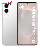 نمای جلویی و پشتی گوشی سامسونگ S25 Edge به رنگ تیتانیوم نقرهای، انعکاس نور بر روی بدنه لوکس