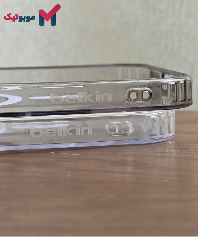 لوگوی حک شده Belkin روی قاب شفاف مگسیف Samsung S26 Ultra نشاندهنده اصل بودن محصول